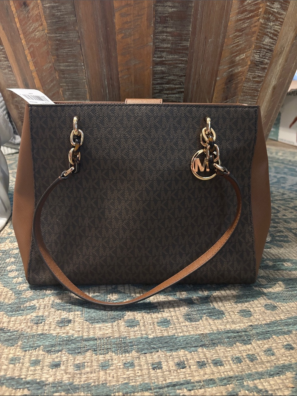 Michael Kors Dark Brown Monogram Tote with Tan Sides and Gold Hardware